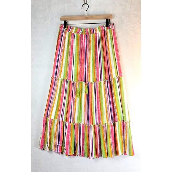 Boho Maxi Skirt Tiered Ruffle Colorful Sz L Gypsy Blu Vertical Hippie Cottage - Picture 11 of 13